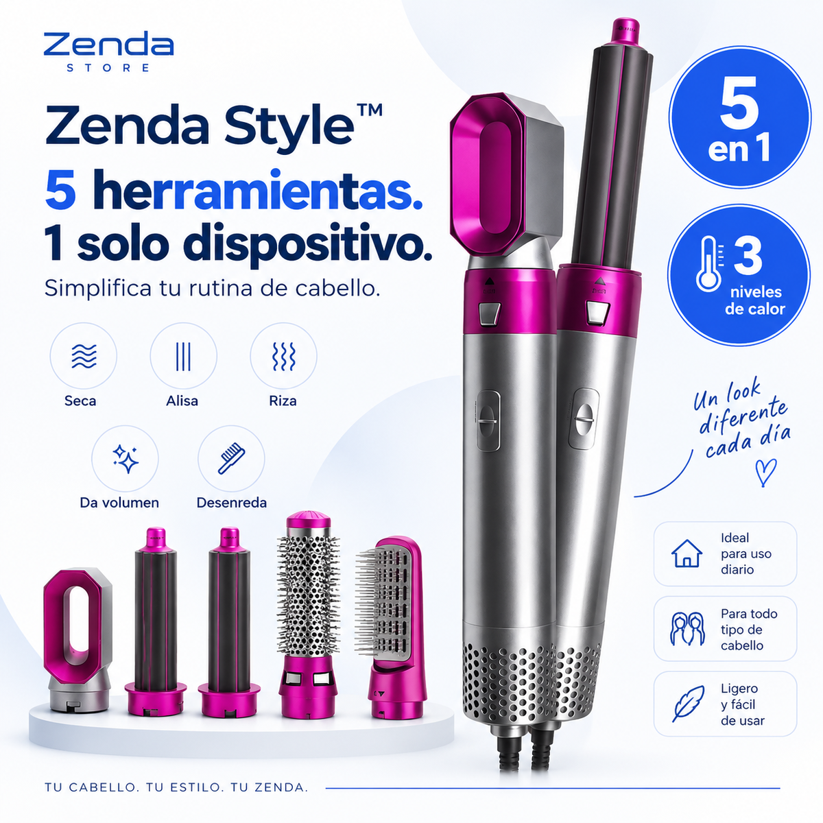 Zenda Style™ — Cepillo Secador Moldeador 5 en 1
