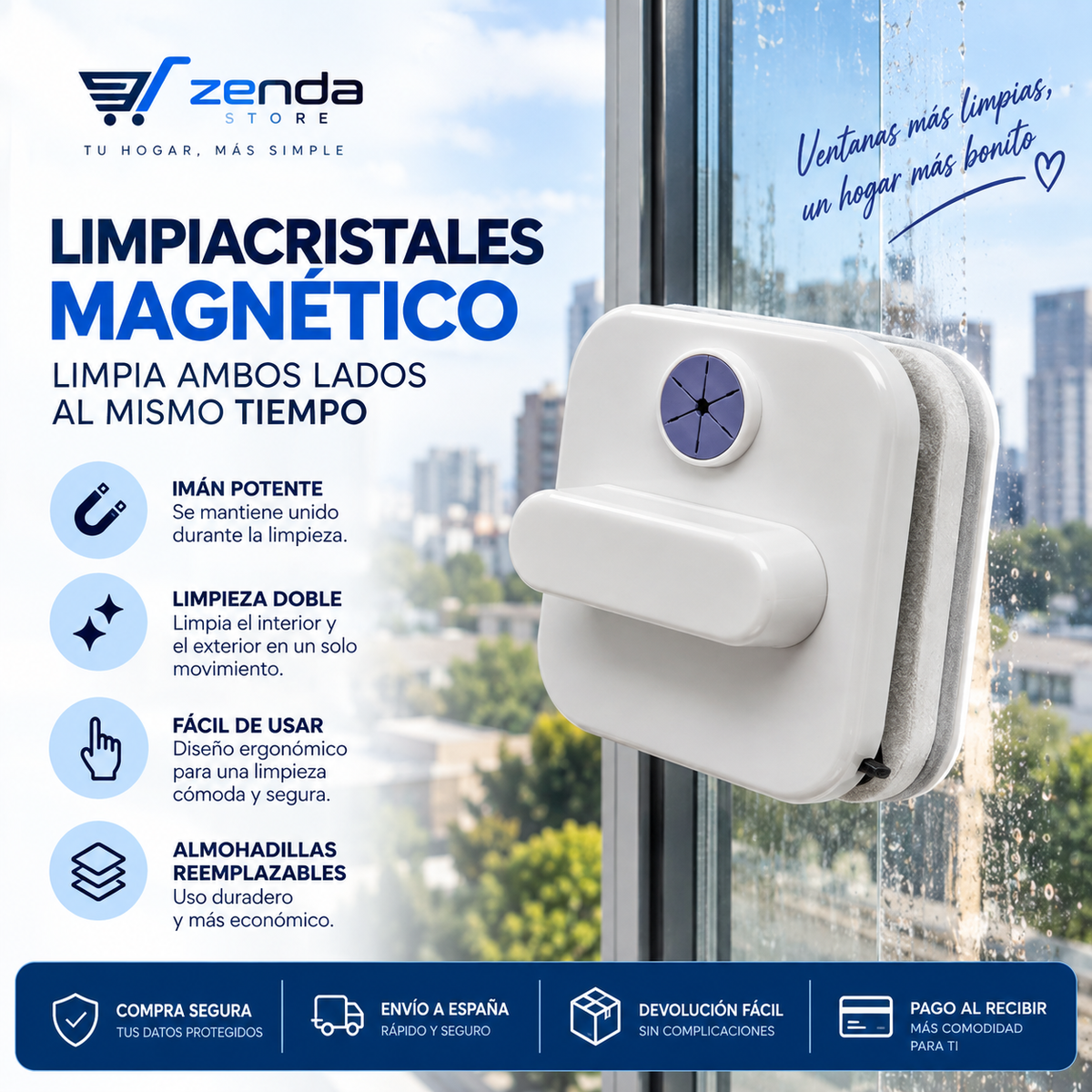 Zenda Cristal™ — Limpiacristales Magnético Doble Cara